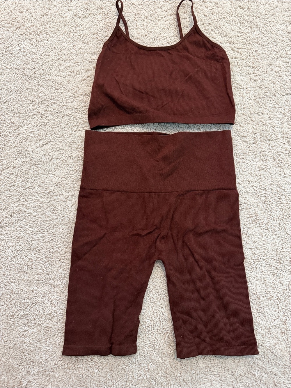 Bozzolo Chocolate Brown Ribbed Bike Shorts Set with Crop Tank